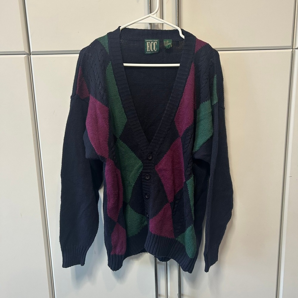 ECC Universal Denim Cardigan Sweater Mens Medium Navy Argyle V-Neck Ramie Cotton
